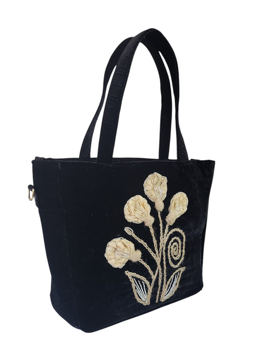 Embroidered Charm Black Satchel
