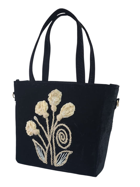 Embroidered Charm Black Satchel