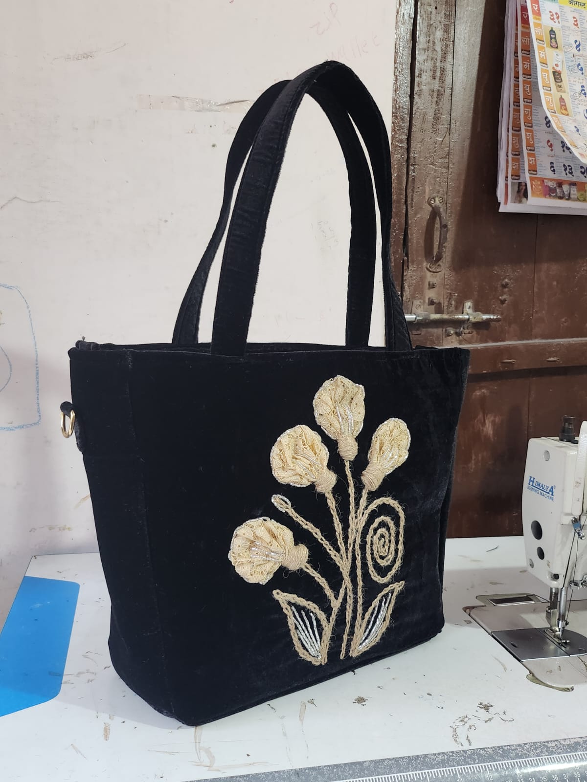 Embroidered Charm Black Satchel
